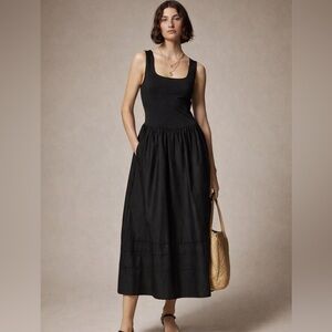 J.Crew Drop Waist Mixy Dress Black A-Line Square Neck Pockets Cotton Midi
